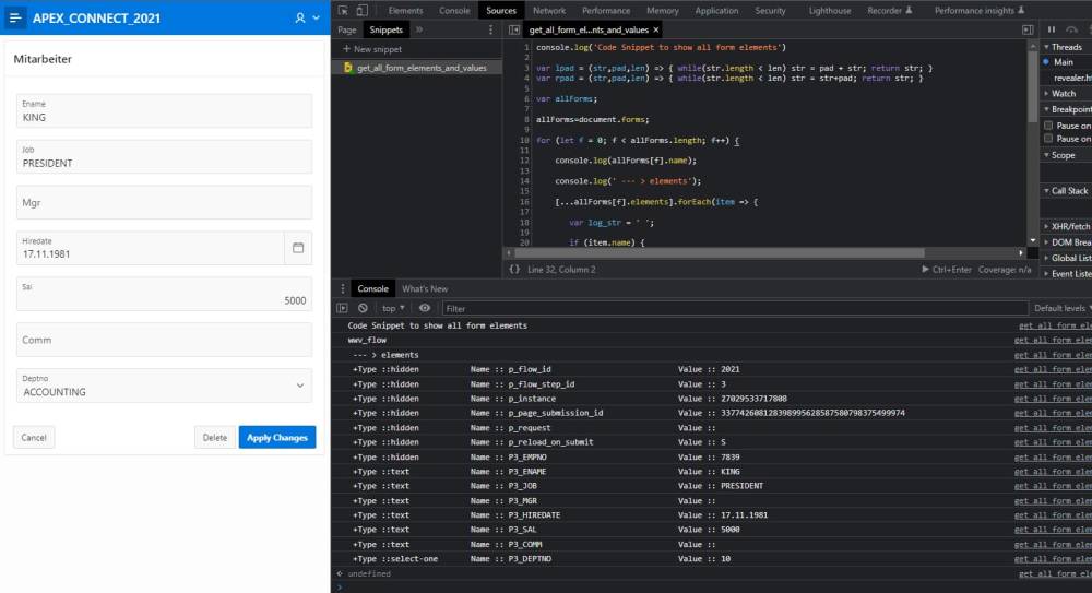  Oracle APEX Debuggen mit den Developer Tools von Chrome mit eigenen JavaScript Aufrufen